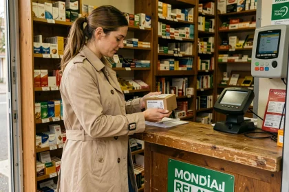 Femme récupérant un colis Mondial Relay dans un bureau de tabac de quartier en France