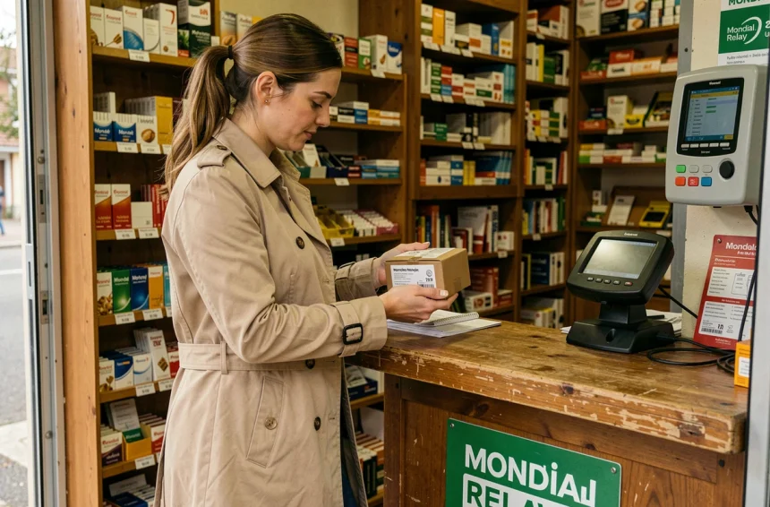 Femme récupérant un colis Mondial Relay dans un bureau de tabac de quartier en France