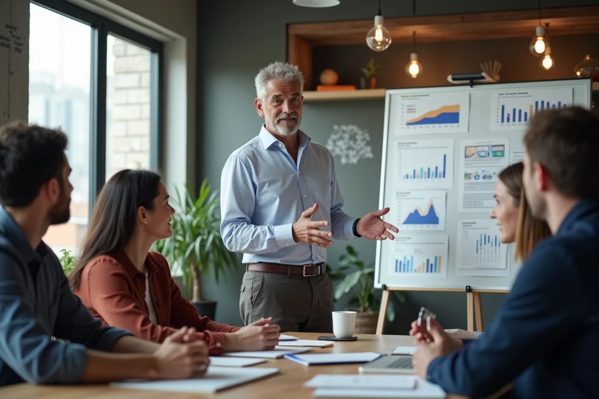 Groupe de collègues divers lors d une réunion dynamique