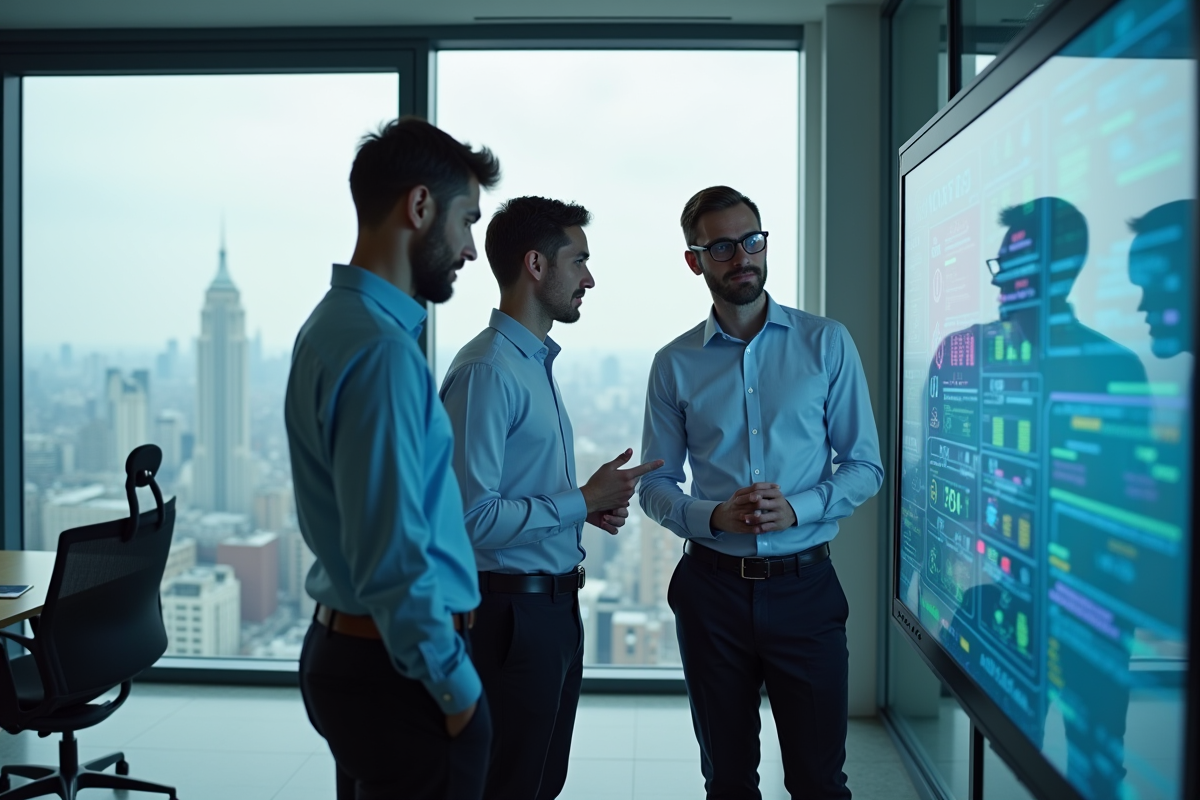 Trois professionnels utilisant un tableau numérique dans un bureau moderne