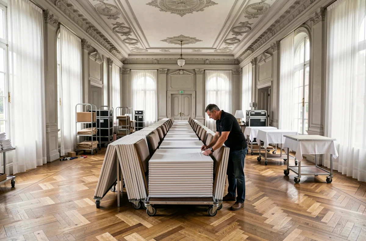 Professionnel de Richard Events supervisant l'installation de mobilier dans une salle de réception élégante des Yvelines