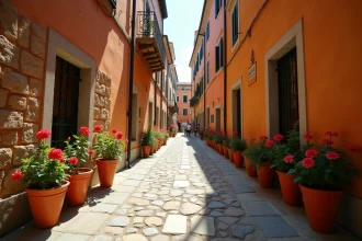 Ruelle pavée d'une ville italienne historique avec des murs en pierre ocre et des pots de géraniums rouges