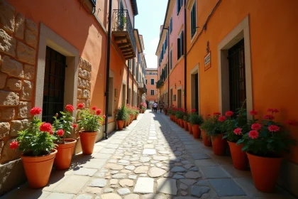 Ruelle pavée d'une ville italienne historique avec des murs en pierre ocre et des pots de géraniums rouges
