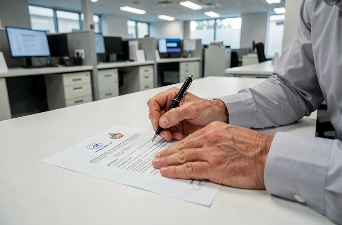 Mains d'un homme signant un formulaire administratif officiel dans un bureau d'assurance, en lien avec les obligations déclaratives des NORIAS