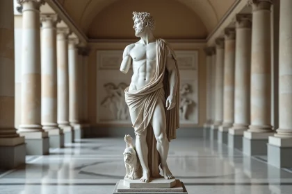 Statue en marbre d'Apollon exposée dans un musée néoclassique aux colonnes ioniques, représentant le dieu grec des arts