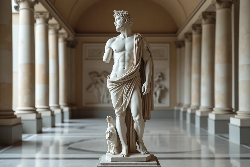 Statue en marbre d'Apollon exposée dans un musée néoclassique aux colonnes ioniques, représentant le dieu grec des arts
