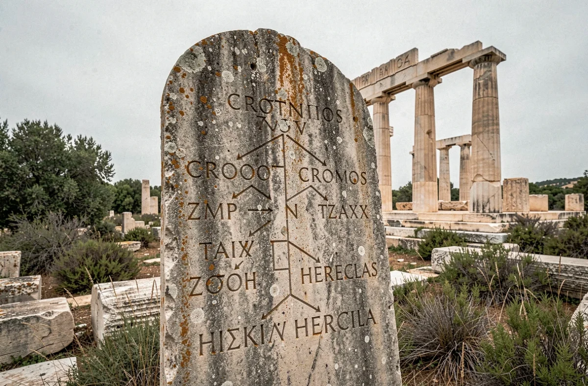 Stèle gravée d'un arbre généalogique de Zeus au milieu des ruines d'un temple grec antique en plein air