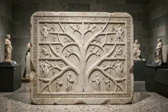Tablette de marbre grec ancien représentant un arbre généalogique mythologique en bas-relief exposée dans un musée