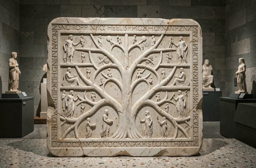 Tablette de marbre grec ancien représentant un arbre généalogique mythologique en bas-relief exposée dans un musée