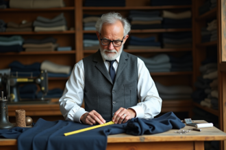 Tailleur âgé mesurant un tissu en laine marine