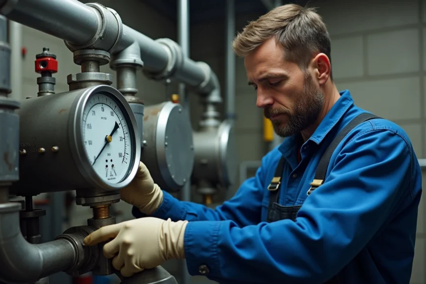 Technicien ajustant un manomètre analogique industriel