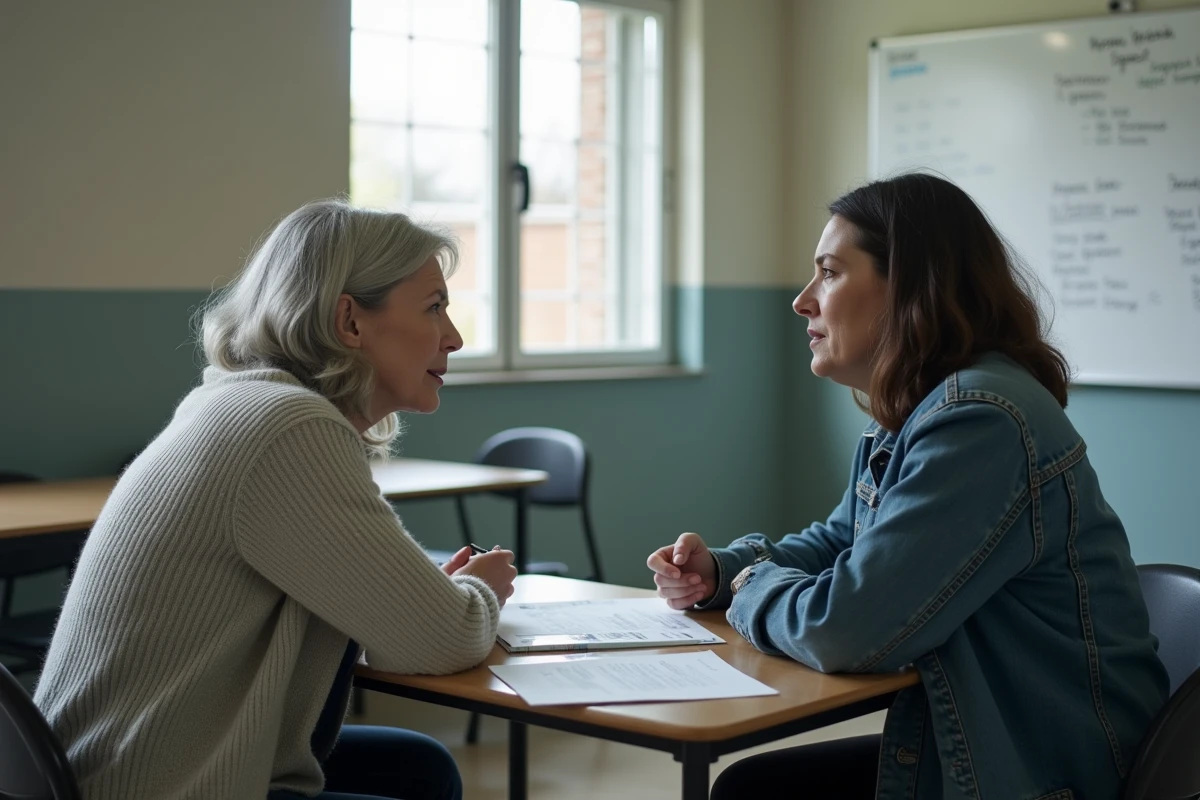 Deux femmes de familles de détenus échangeant des documents sur le coût de la cantine pénitentiaire dans une salle communautaire