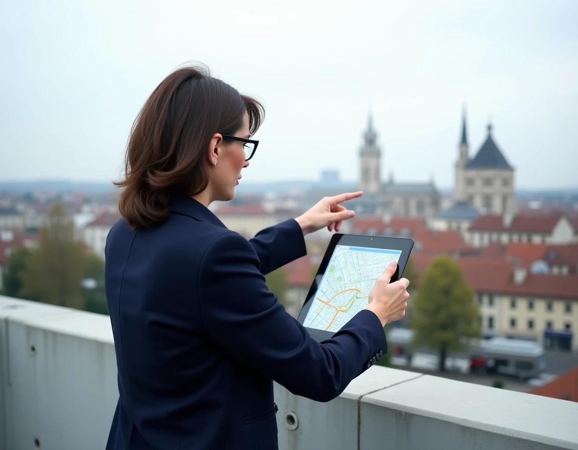 Urbaniste française analysant la superficie de Lyon depuis un toit avec une carte numérique des limites de la ville
