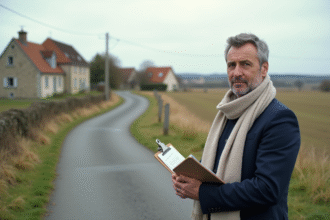 Urbaniste homme avec dossier devant panneau rural en France