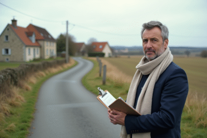 Urbaniste homme avec dossier devant panneau rural en France