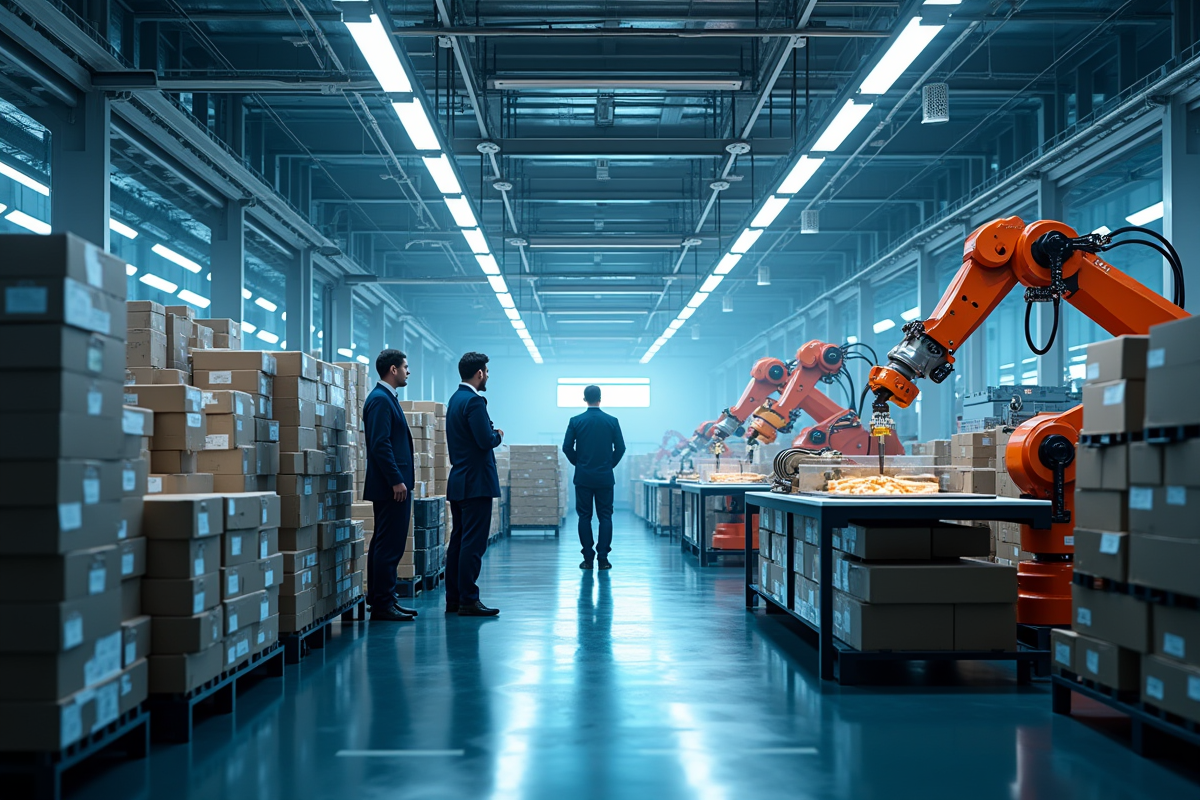 Usine automatisée avec bras robotiques et ingénieurs surveillant la production