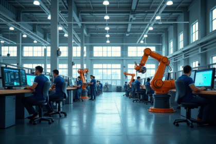 Usine moderne avec robots et ouvriers en contrôle