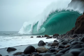 Vague géante s'approchant d'une côte rocheuse volcanique, illustrant la hauteur impressionnante d'un tsunami
