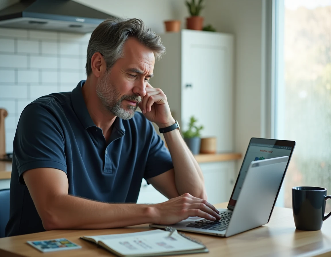 Homme consultant une interface de vente en ligne sur ordinateur portable avec des timbres mal organisés autour de lui, illustrant les erreurs de débutant sur Delcampe