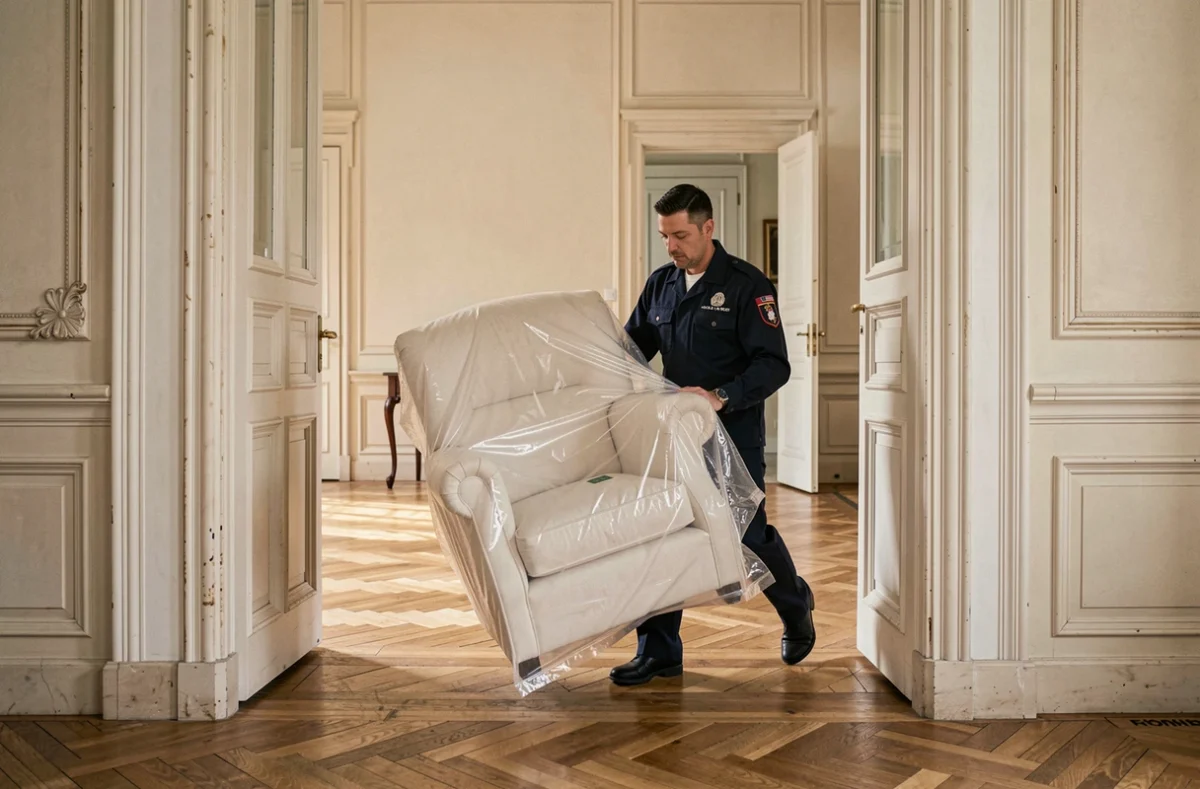 Déménageur de La Versaillaise portant un fauteuil emballé dans l'entrée d'un hôtel particulier style Versailles