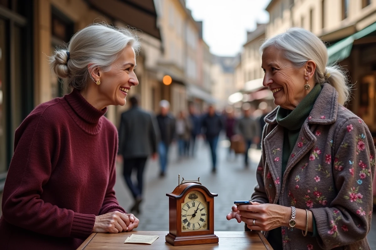 Deux femmes négociant le prix d'une horloge ancienne lors d'un vide-grenier en Haute-Loire sur une rue pavée