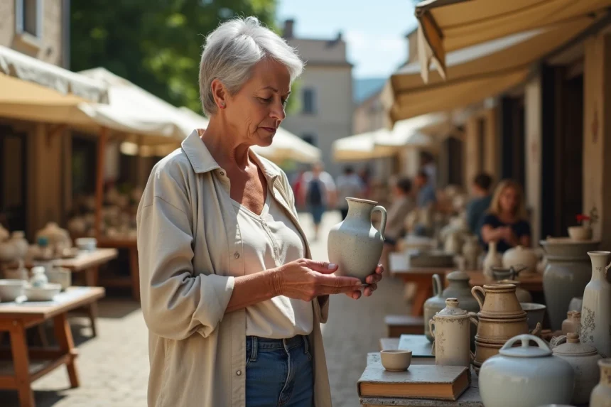 Femme chinant un vase ancien sur un vide-grenier en Haute-Loire, marché de plein air dans un village auvergnat