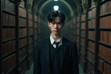 Cosplayer en uniforme scolaire sombre avec accessoires de renard dans un couloir de bibliothèque gothique évoquant un villain d'académie démoniaque
