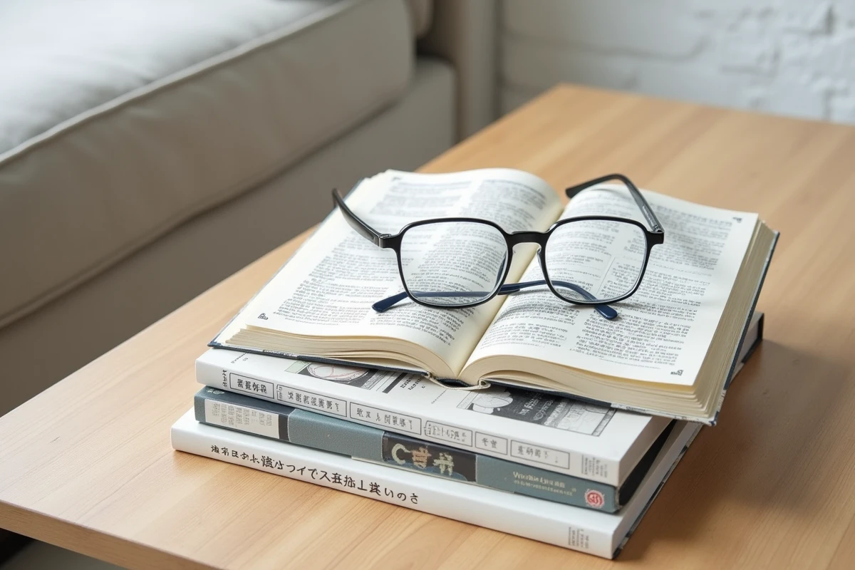 Volumes de manga empilés sur une table avec un symbole de copyright visible sur les pages, représentant la propriété intellectuelle dans l'édition manga