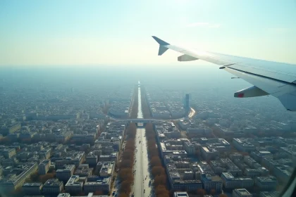 Vue aérienne de Paris depuis un hublot d'avion montrant la densité urbaine et les limites de la capitale française
