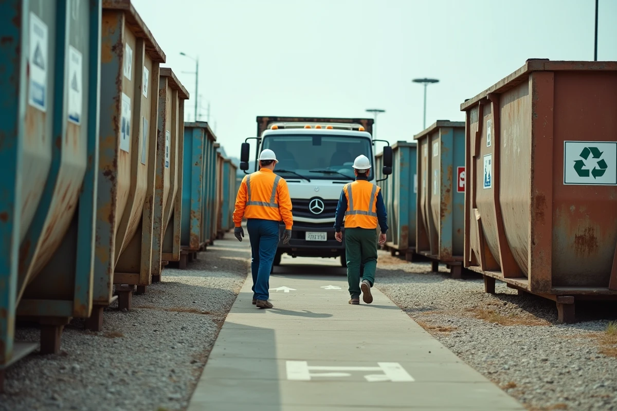 Vue générale d'une déchèterie professionnelle avec camion de jardinage guidé vers la zone déchets verts par des agents municipaux